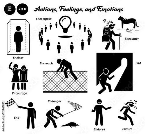 Stick figure human people man action, feelings, and emotions icons alphabet E. Enclose, encompass, encounter, encourage, encroach, end, race end, endanger, endorse, and endure.