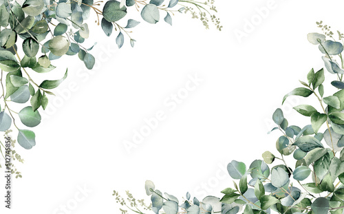 Eucalyptus leaves border. Watercolor illustration isolated on white. Greenery clipart for wedding invitation, greeting cards, save the date, stationery design. Hand drawn green herbs photo