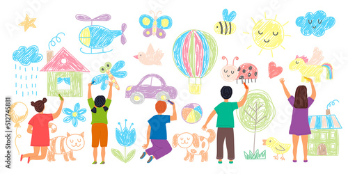 Kids drawing. Funny pencil sketches on wall children drawn cute animals grass house parents animals sun flowers and trees recent vector background