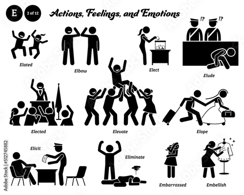 Stick figure human people man action, feelings, and emotions icons alphabet E. Elated, elbow, elect, elude, elected, elevate, elope, elicit, eliminate, embarrassed, and embellish.