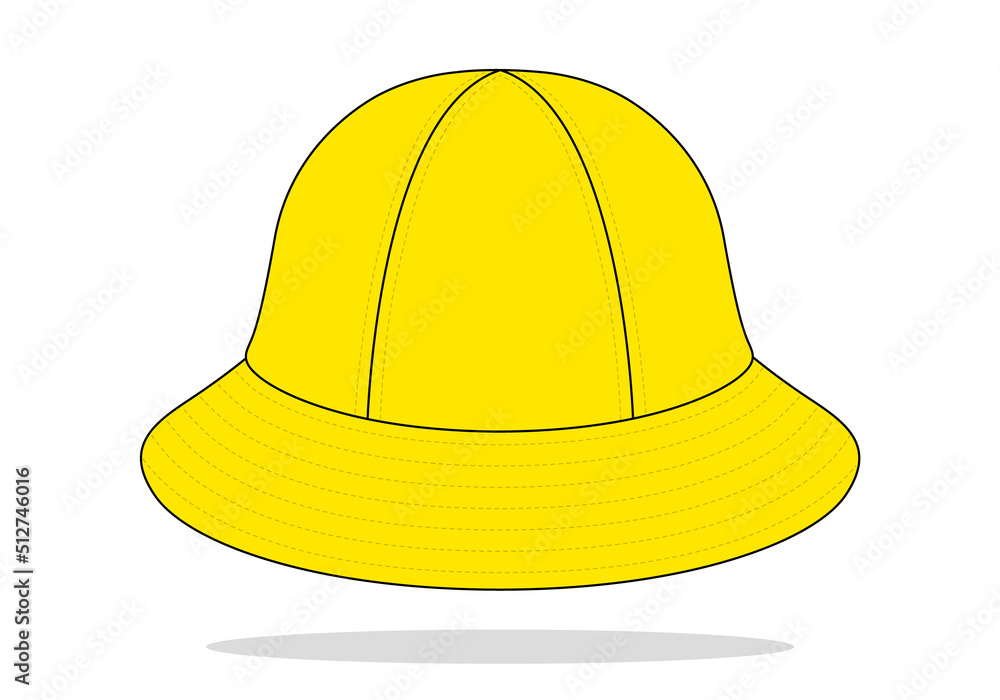 Yellow Bucket Hat With 6 Panel Template On White Background, Vector File Yellow Bucket Hat With 6 Panel Template On White Background, Vector File