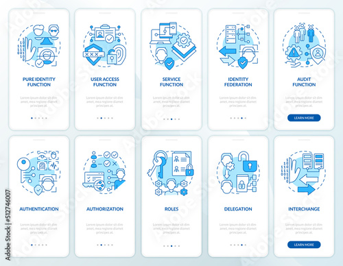 Identity management blue onboarding mobile app screen set. System walkthrough 5 steps editable graphic instructions with linear concepts. UI, UX, GUI template. Myriad Pro-Bold, Regular fonts used