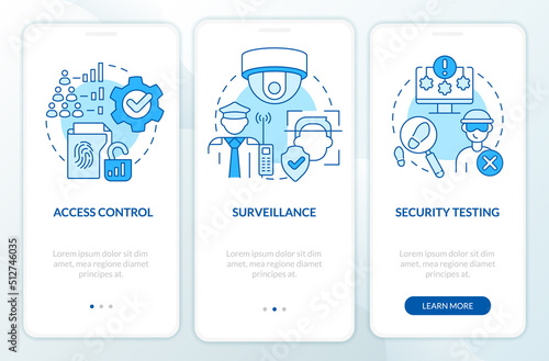 Parts of physical security blue onboarding mobile app screen. Safety walkthrough 3 steps editable graphic instructions with linear concepts. UI, UX, GUI template. Myriad Pro-Bold, Regular fonts used