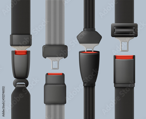 Cars belts. Personal safety for your life airplane truck auto driving belts with lock decent vector realistic templates