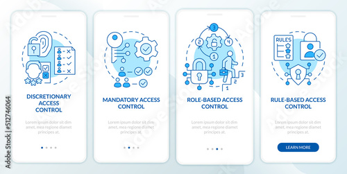Types of access control blue onboarding mobile app screen. Identity walkthrough 4 steps editable graphic instructions with linear concepts. UI, UX, GUI template. Myriad Pro-Bold, Regular fonts used
