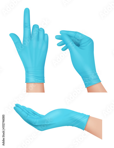 Medical gloves. Blue rubber gloves for doctor hands hospital latex surgeon tools for infection and viruses protection decent vector realistic templates
