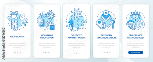 Management of identities blue onboarding mobile app screen. Accounts walkthrough 5 steps editable graphic instructions with linear concepts. UI, UX, GUI template. Myriad Pro-Bold, Regular fonts used