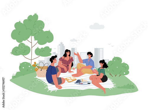 Group of young people make picnic in city park.Cityscape in background.Vector