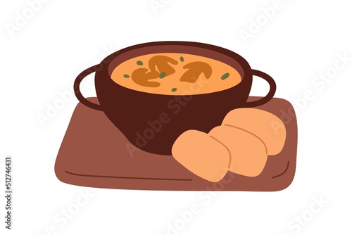 Cream of mushroom soup in bowl. Creamy champignon food served on wood board with bread slices. Vegetarian healthy dish with baguette pieces. Flat vector illustration isolated on white background