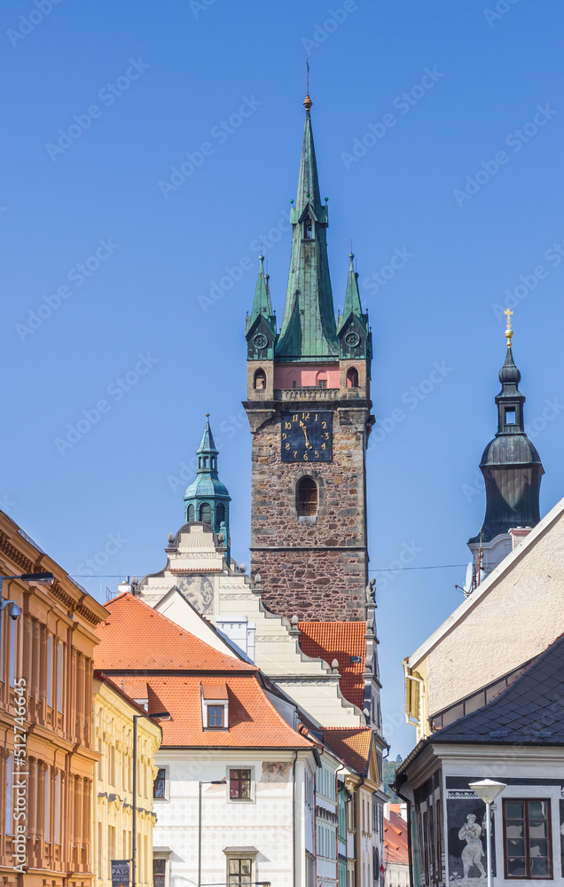 Black tower and historic houses in Klatovy, Czech Republic
