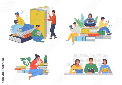 people reading. teens education processes literature fans and book lovers. Vector cartoon characters reading