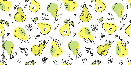 Seamless bright light pattern with Fresh pears for fabric, drawing labels, print on t-shirt, wallpaper of children's room, fruit background. Slices of a pears doodle style cheerful background.