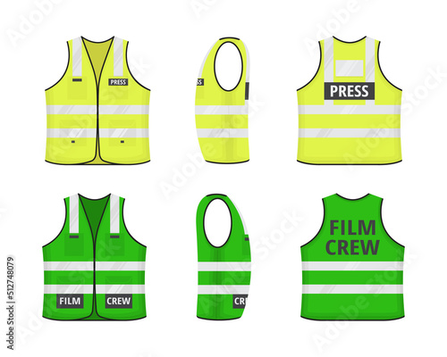 Safety reflective vest with labels tag flat style design vector illustration set. Yellow and green fluorescent security safety work jacket with reflective stripes. Front, back, side view uniform vest.