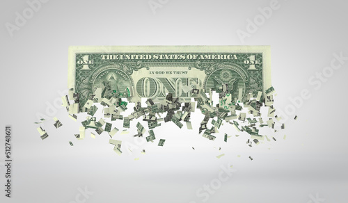 One dollar bill breaking into pieces. Inflation and recession concept. 3D Rendering photo