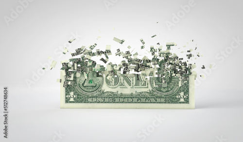 One dollar bill breaking into pieces. Inflation and recession concept. 3D Rendering photo