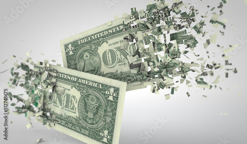 One dollar bill breaking into pieces. Inflation and recession concept. 3D Rendering