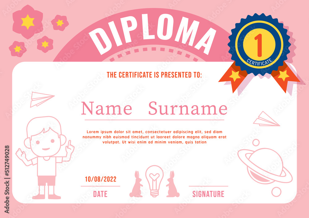 Certificate kids diploma, kindergarten template layout pink color vector.