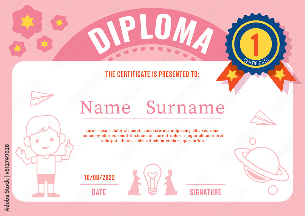 Fototapeta premium Certificate kids diploma, kindergarten template layout pink color vector.