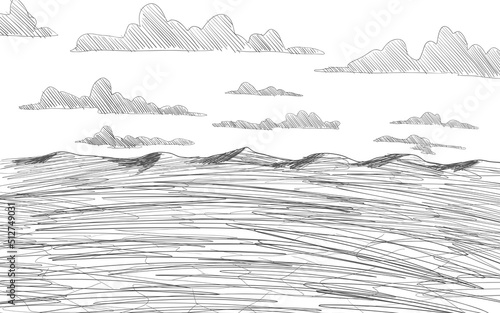 Deserted hills sketch. Wasteland view. Post apocalypse line sketch. Draught environment. Vector illustration.