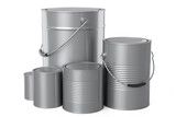 Set of metal can or buckets of paint in row pattern on white background.