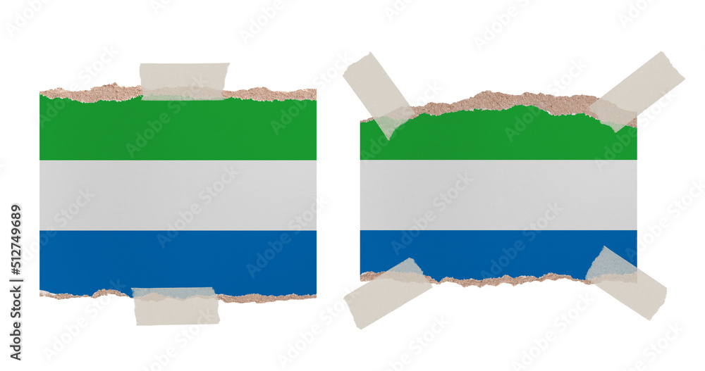 Ripped paper backgrounds in colors of national flag isolated on white. Sierra Leone