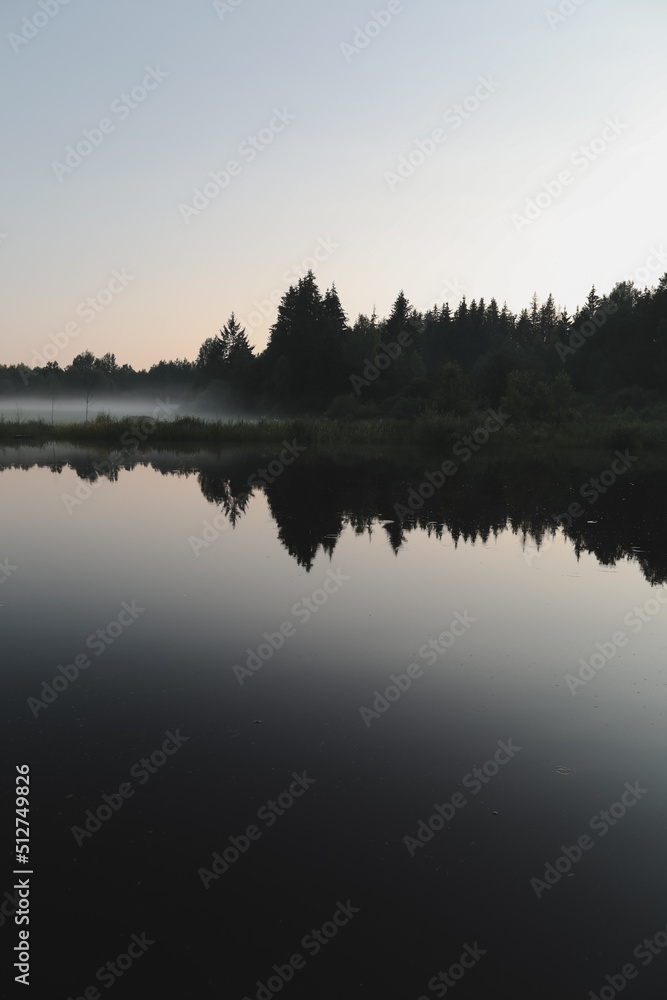 summer evening twilight view on picturesque plain lake surface with reflections of sky and trees