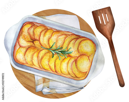 Potato gratin in a baking dish watercolor photo