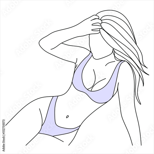 Continuous line drawing of a girl in a swimsuit. Beautiful young girl in on the beach.