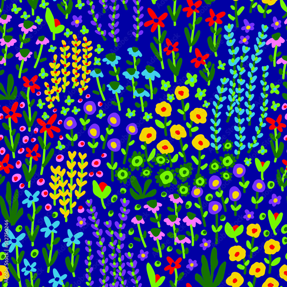 Fototapeta premium Abstract Hand Drawing Ditsy and Mixed Retro Flowers Branches and Leaves Seamless Vector Pattern Isolated Background