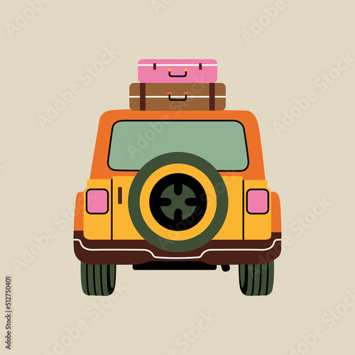 Car, loaded roof with luggage  element in modern flat line style. Hand drawn vector illustration of leisure, vacation, travel, road trip cartoon design. Vintage transportation patch, badge, emblem