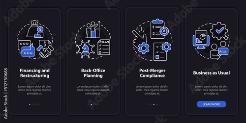 Business merger stages night mode onboarding mobile app screen. Walkthrough 4 steps editable graphic instructions with linear concepts. UI, UX, GUI template. Myriad Pro-Bold, Regular fonts used