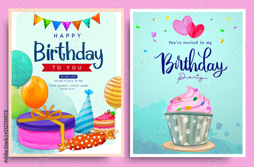 Happy Birthday greeting cards and poster watercolor design sets with balloon  confetti and gift box  design template for birthday celebration.