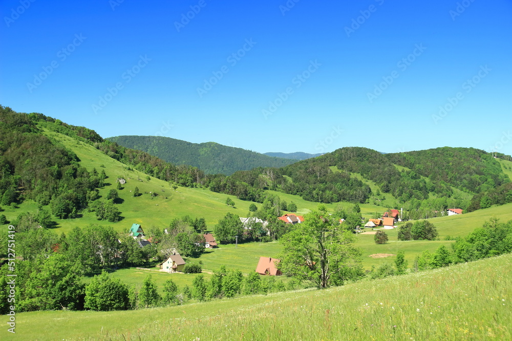 Mountain village in green landscape. Panoramic view. Begovo razdolje in Gorski kotar area, Croatia.