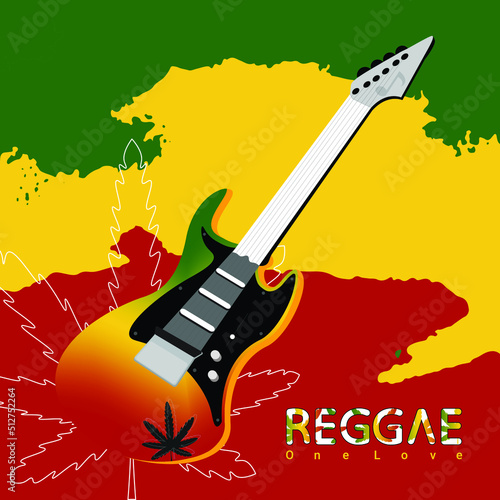 Jamaican gradient electric guitar with marijuana outline, reggae background and one love reggae writing