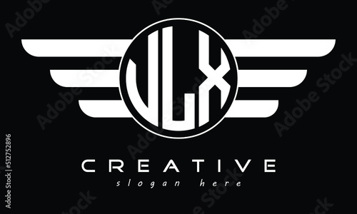 VLX three letter circle with wings logo design vector template. wordmark logo | emblem logo | monogram logo | initial letter logo | typography logo | business logo | minimalist logo |	 photo