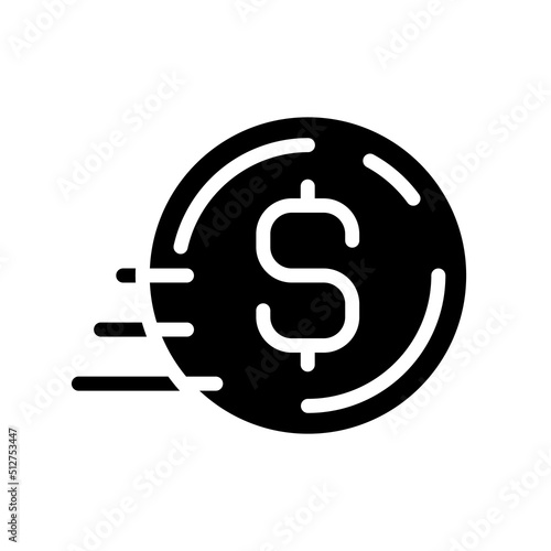 Coin in motion black glyph icon. Bank transfer payment. Send money. Digital wallet. Withdrawing cash. Online banking. Silhouette symbol on white space. Solid pictogram. Vector isolated illustration