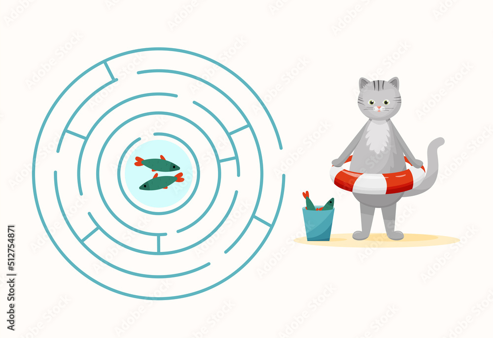 Children's maze. Help funny cat to get to fish. Educational games for