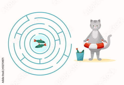 Children's maze. Help funny cat to get to fish. Educational games for kindergarten. Colorful vector illustrations for children books in simple cartoon style. Labyrinth and game.