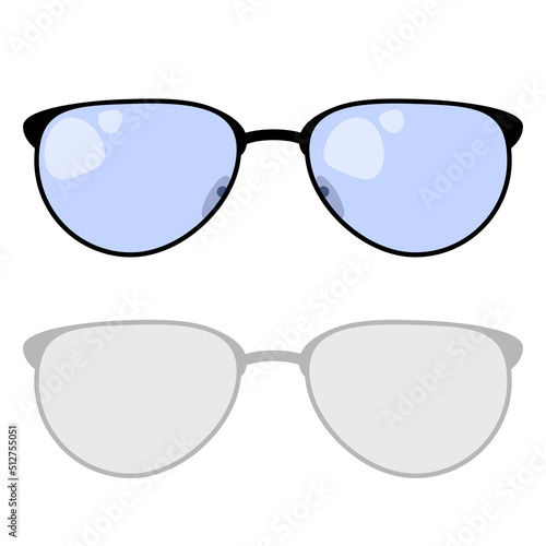 Vector illustration of stylish glasses with black frame and blue glass with flare on a white background with shadow.