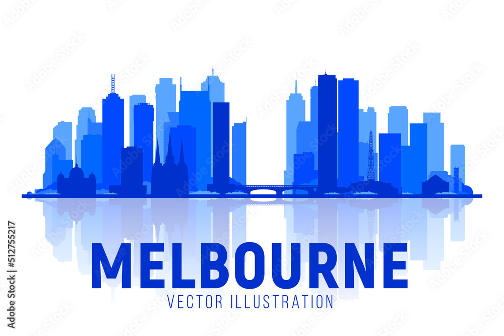 Fototapeta premium Melbourne Australia skyline silhouette vector illustration. White background with city panorama. Travel picture. Image for Presentation Banner Placard and Web Site.