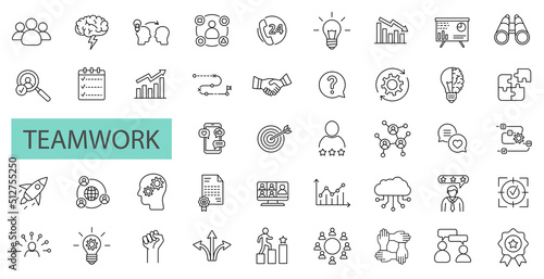 Set of 42 business teamwork icons, team building, work group and human resources. Outline icons collection. Line style - vector illustration