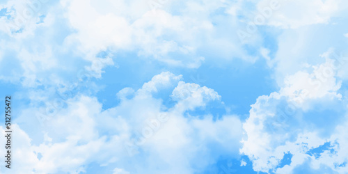 Blue sky with white clouds background. Romantic sky. Abstract nature background of romantic summer blue sky with fluffy clouds. Beautiful puffy clouds in bright blue sky in day sunlight.  