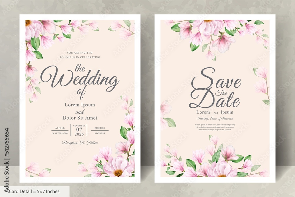 Magnolia Arrangement Floral Frame Wedding Invitation Card Template