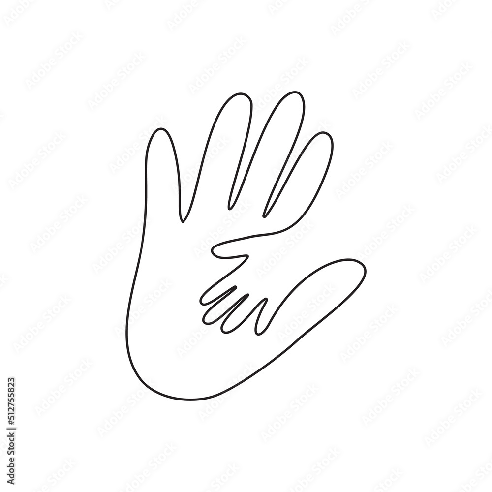 Fototapeta premium Holding Hand of child in hand of adult vector monoline logo. World Father Day. Symbol of care, kindness, family, children, parents, baby