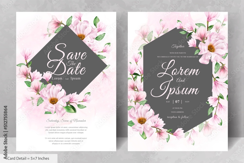 Magnolia Arrangement Floral Frame Wedding Invitation Card Template