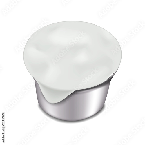 Liquid creamer single packaging vector mockup. Small round plastic container with peel off film lid mock-up. Single serve cream cup package template