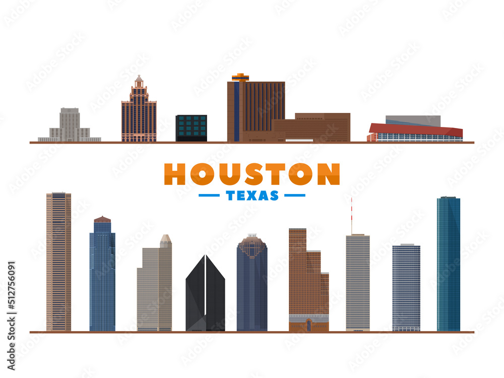 Houston Texas USA city landmark. Main buildings panorama. Tourism and business picture with Houston city skyline.