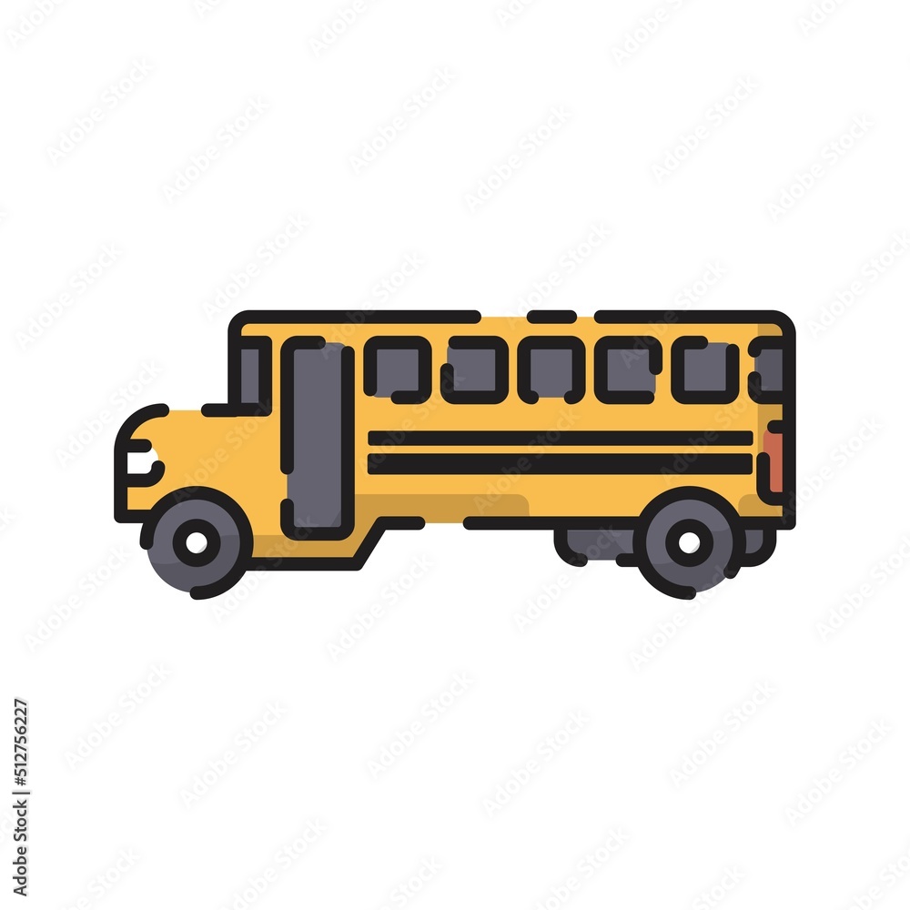 Cute Yellow School Bus Car Flat Design Cartoon for Shirt, Poster, Gift Card, Cover, Logo, Sticker and Icon.