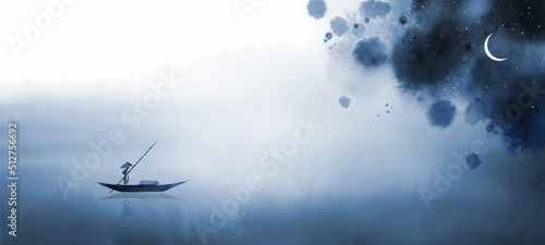 Ink painting of blue misty landscape with night sky and fisherman in a boat. Traditional oriental ink painting sumi-e, u-sin, go-hua.