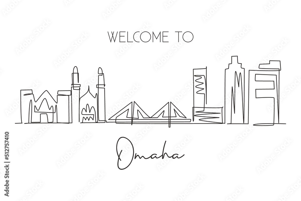 One continuous line drawing of Omaha city skyline, Nebraska. World beautiful landscape tourism and travel vacation for wall decor print. Stylish single line draw graphic design vector illustration